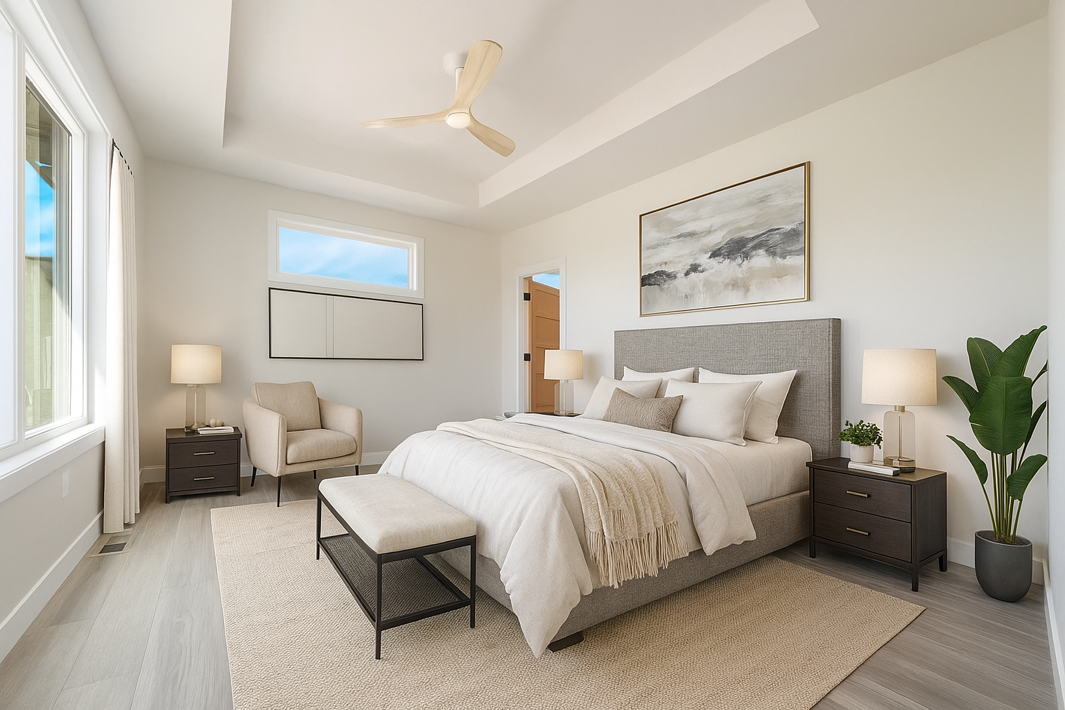 A bedroom with a bed , chair , nightstand and ceiling fan.