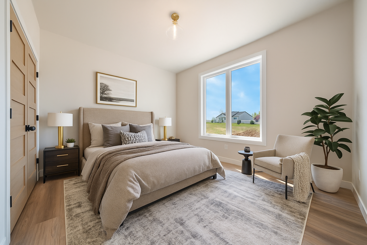 A bedroom with a bed , chair , nightstand and window.