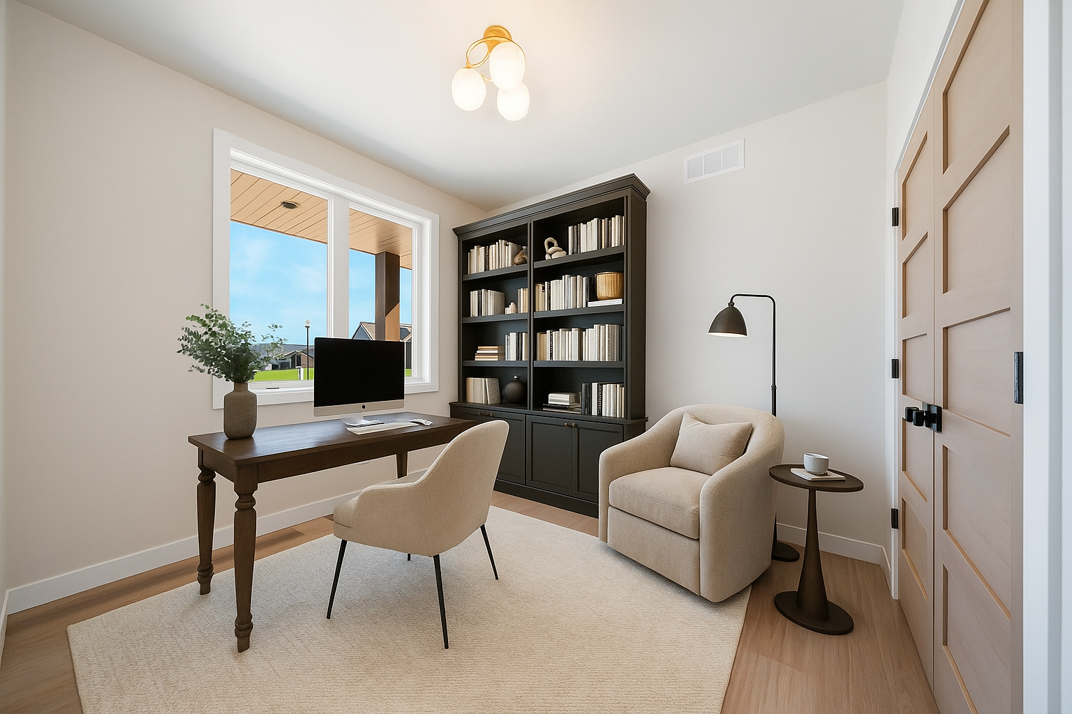 A home office with a desk , chair and bookshelf.