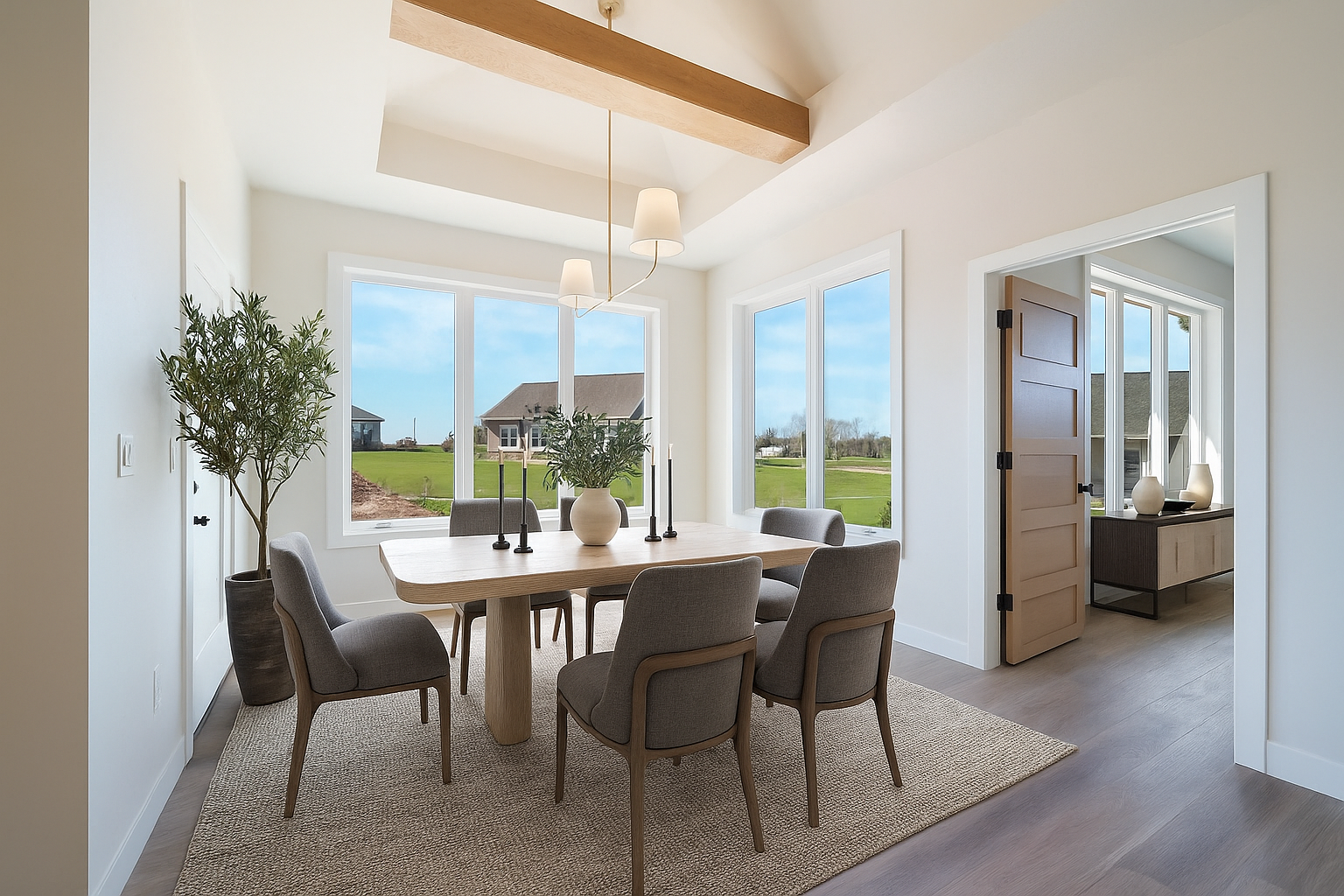 A dining room with a table and chairs and a rug.