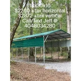 Green metal carport in a wooded area with pricing text overlay and phone number