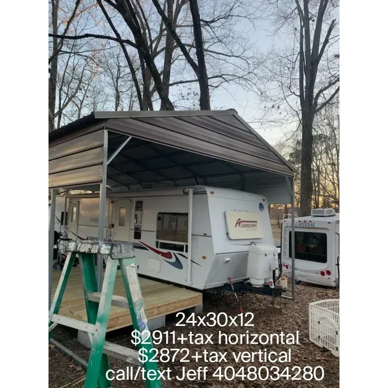 Camper trailer under a metal carport on a ladder, with text listing sizes and prices