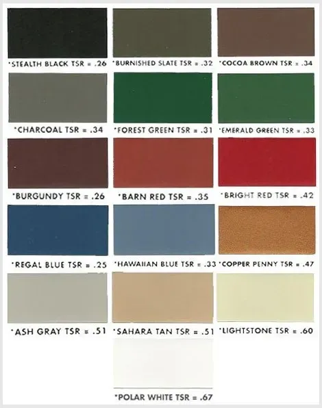 Color swatch chart with 12 labeled paint samples in greens, browns, blues, reds, grays, tan, and white