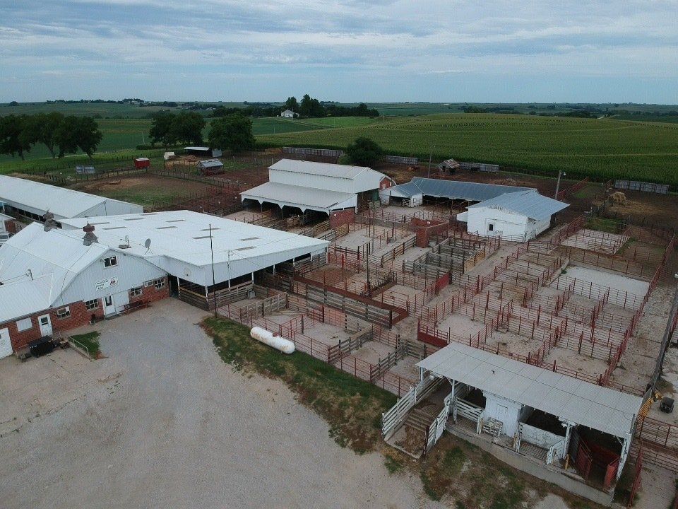 An aerial view of a farm with a lot of buildings