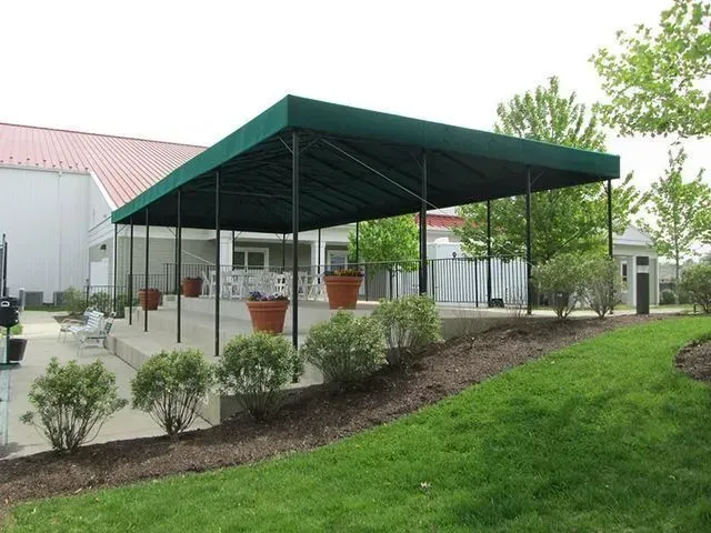 Green awning over a patio with bushes and grass; building in background.