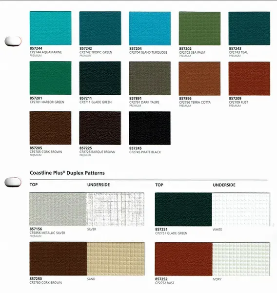 Color swatches and patterns for various materials, including blue, green, brown, and black.