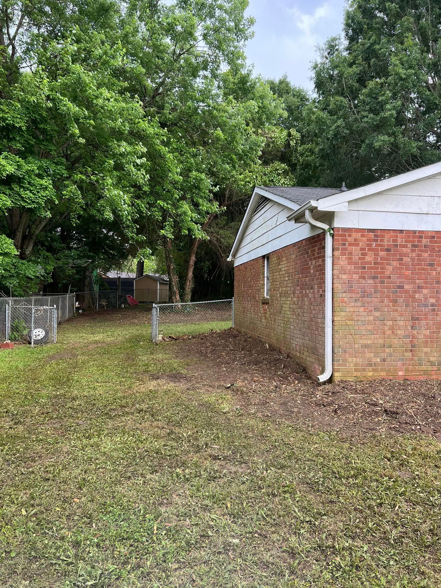 Backyard with brick building on right and chain-link fence on the left. Trees in the background.