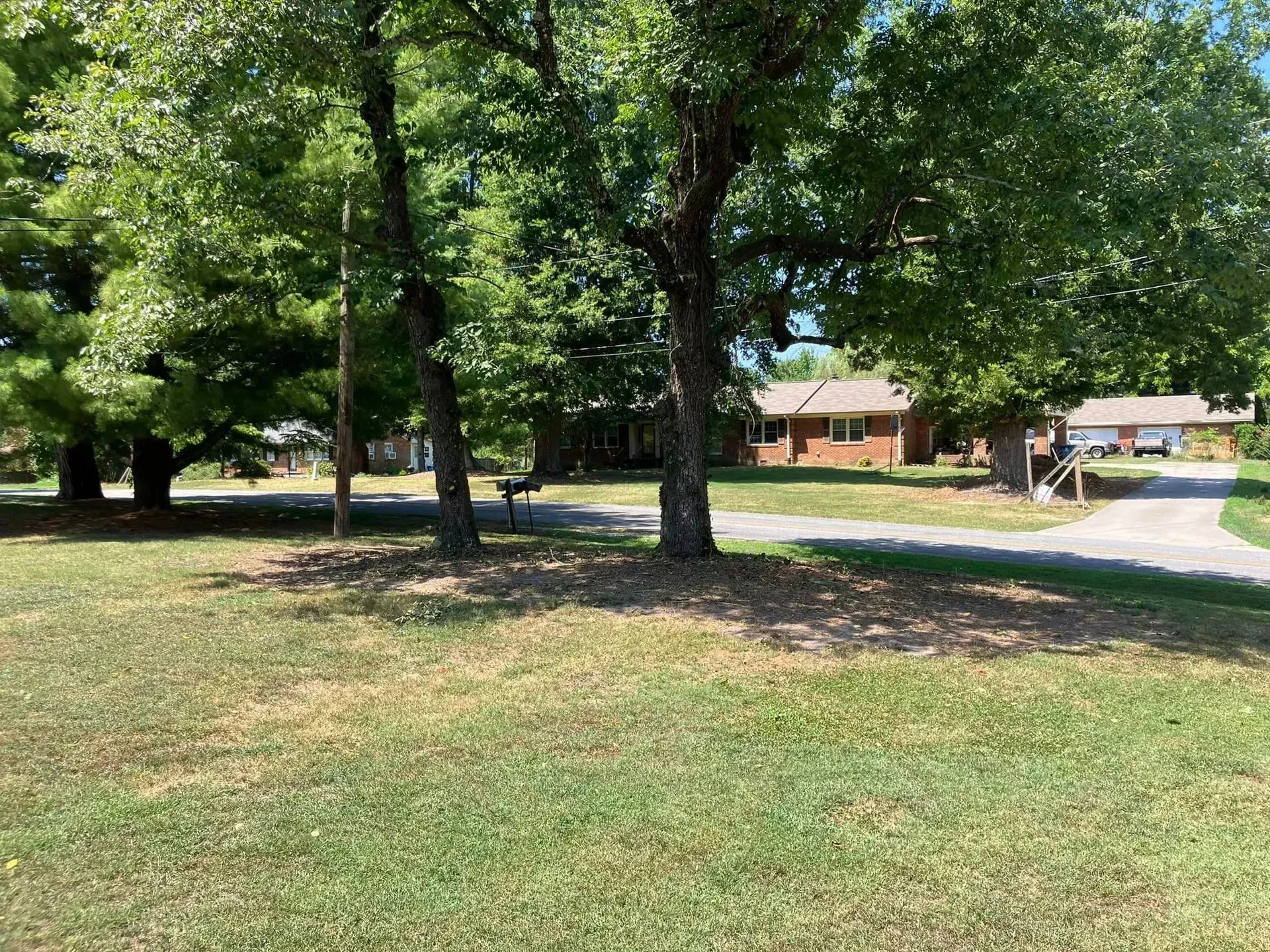 Green lawn with trees, some shade, and a view of several brick houses.