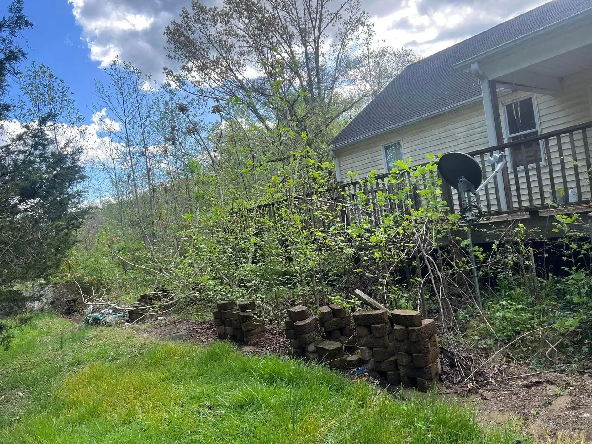 Green yard with brick piles, shrubs, trees, and a house with a deck against a partly cloudy sky.