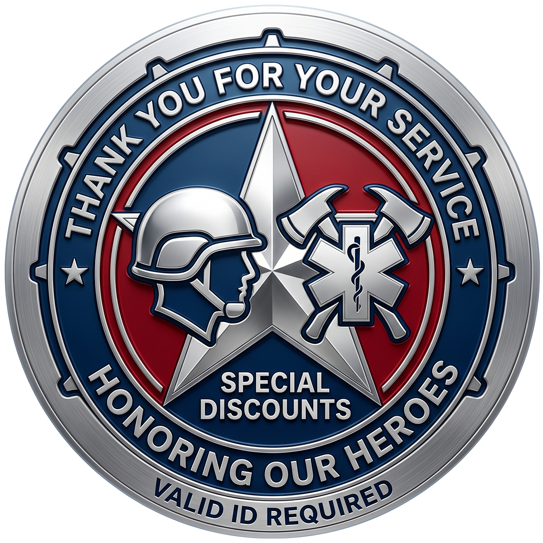 Veterans discount badge with helmet, crossed tools, and text Thank You for Your Service and Special Discounts