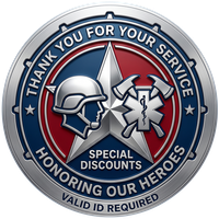 Veterans discount badge with helmet, crossed tools, and text Thank You for Your Service and Special Discounts