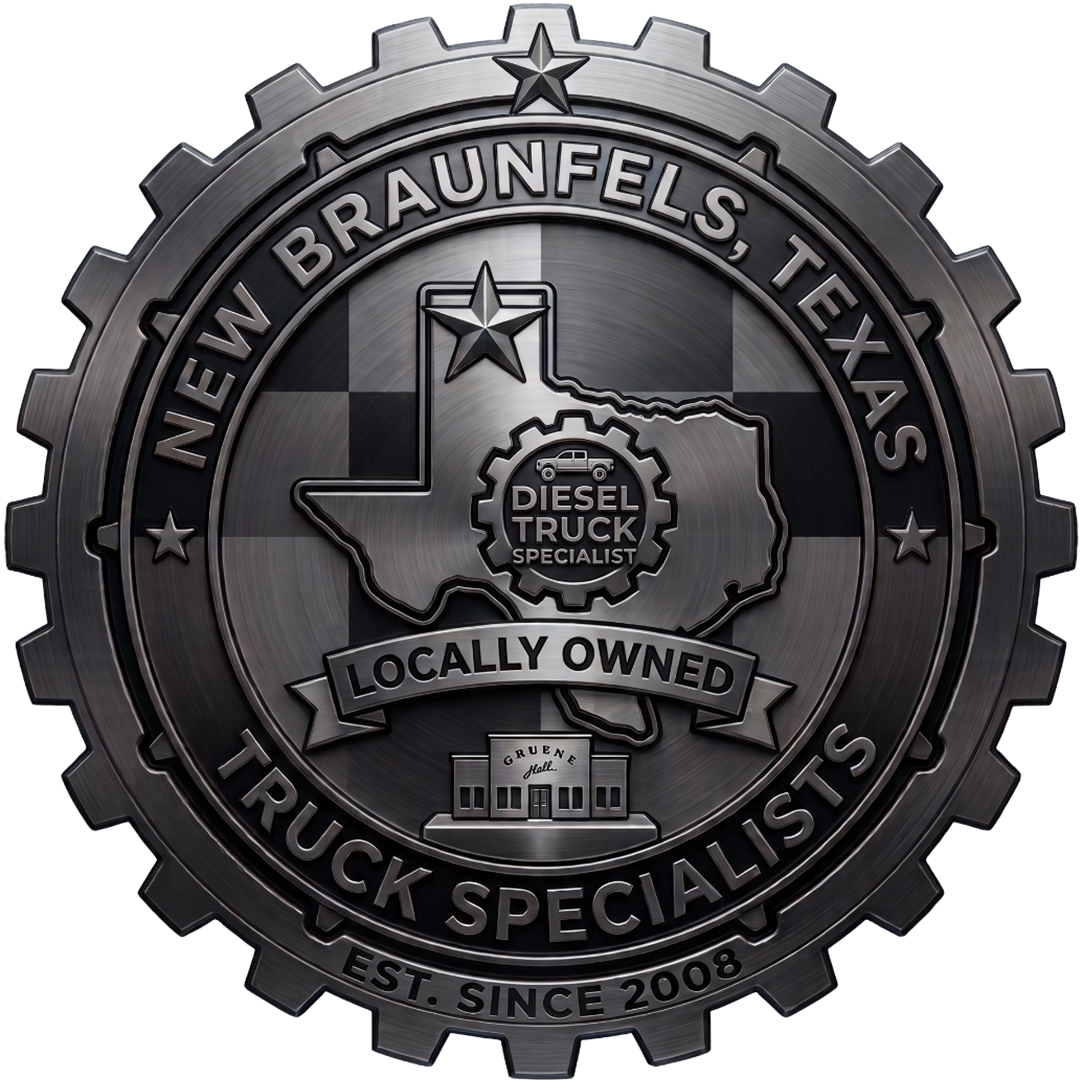 Logo for New Braunfels Truck Specialists, featuring a dark metallic gear emblem and Texas silhouette.