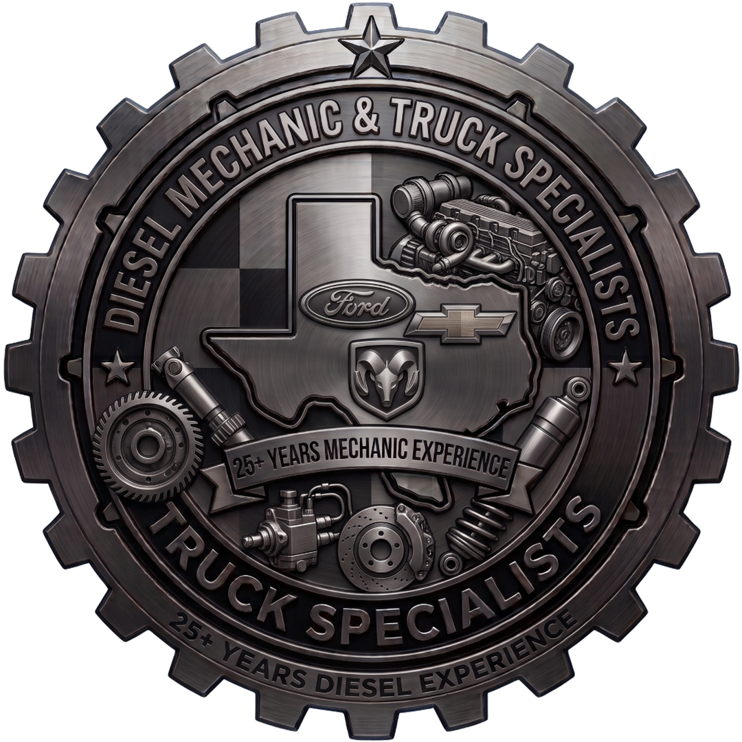 Dark metallic gear logo for Diesel Mechanic & Truck Specialists, with truck engine and wrench emblem.