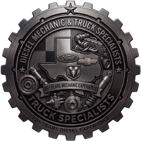Dark metallic gear logo for Diesel Mechanic & Truck Specialists, with truck engine and wrench emblem.