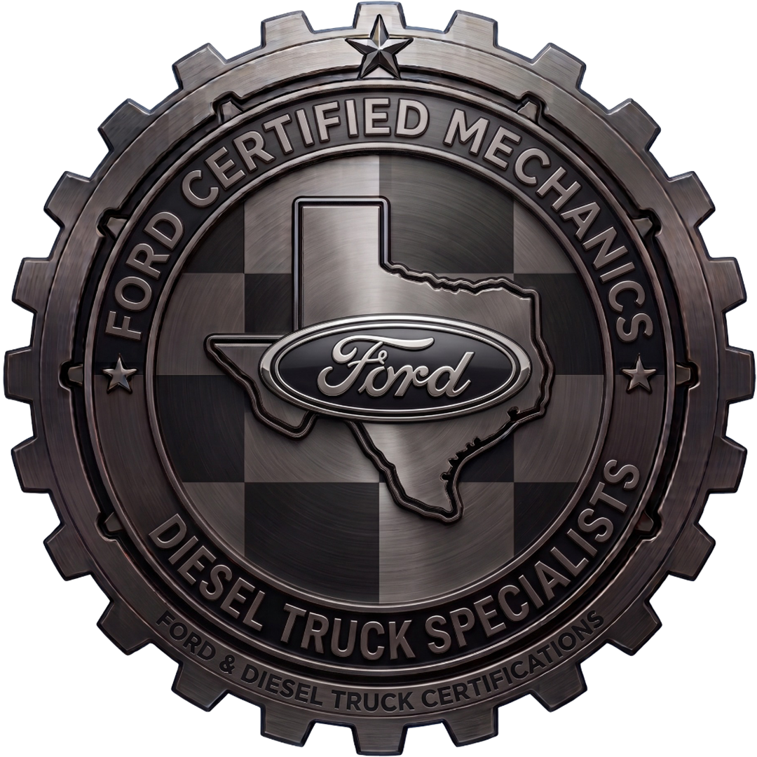 Ford certified mechanics diesel truck specialists badge with Texas outline and checkered background