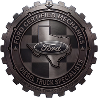 Ford certified mechanics diesel truck specialists badge with Texas outline and checkered background