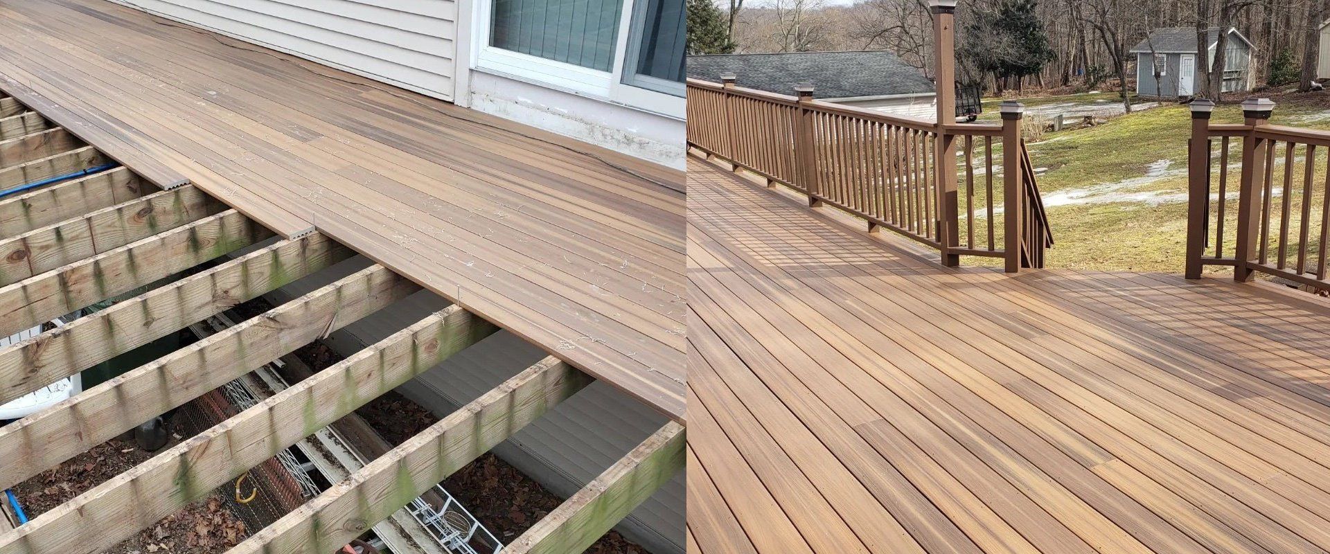 A wooden deck is being built next to a house.