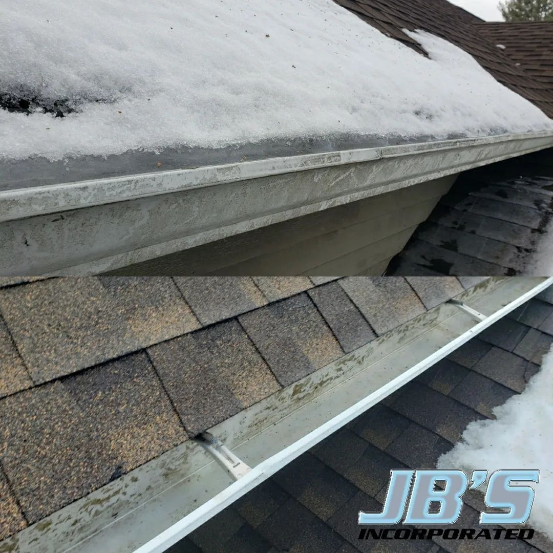 A before and after picture of a gutter on a roof.