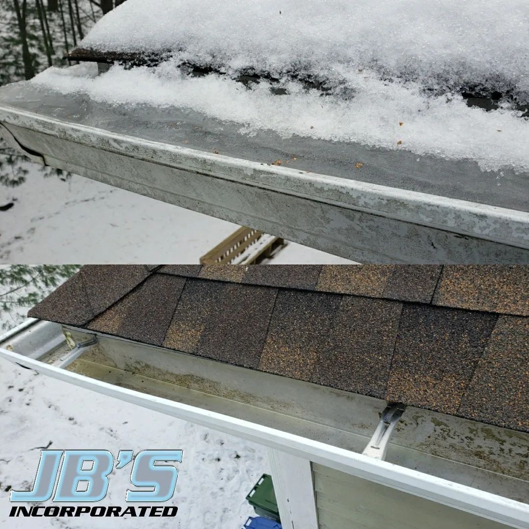 A picture of a gutter with snow on it and a picture of a gutter without snow on it