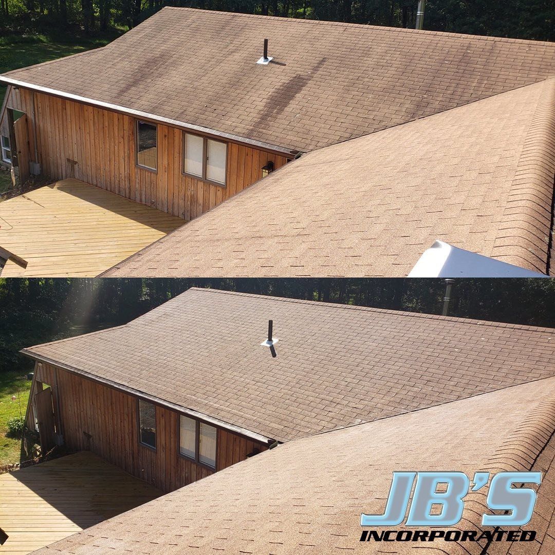 A before and after picture of a roof by jb 's incorporated