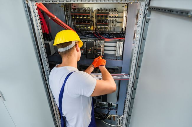 Technician in hard hat and gloves works inside an open electrical control cabinet.