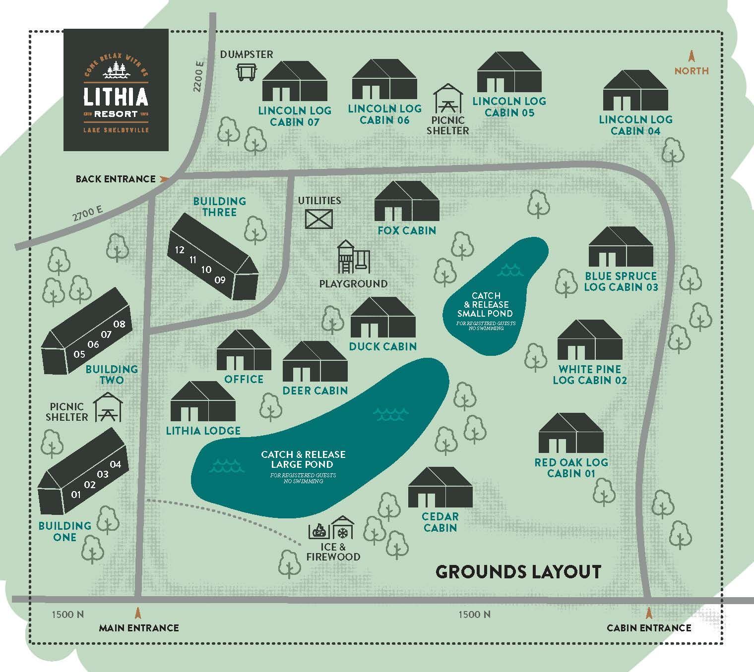 Grounds layout map of Lithia with buildings, roads, trees, and labeled locations around central ponds.