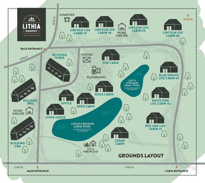 Grounds layout map of Lithia with buildings, roads, trees, and labeled locations around central ponds. 