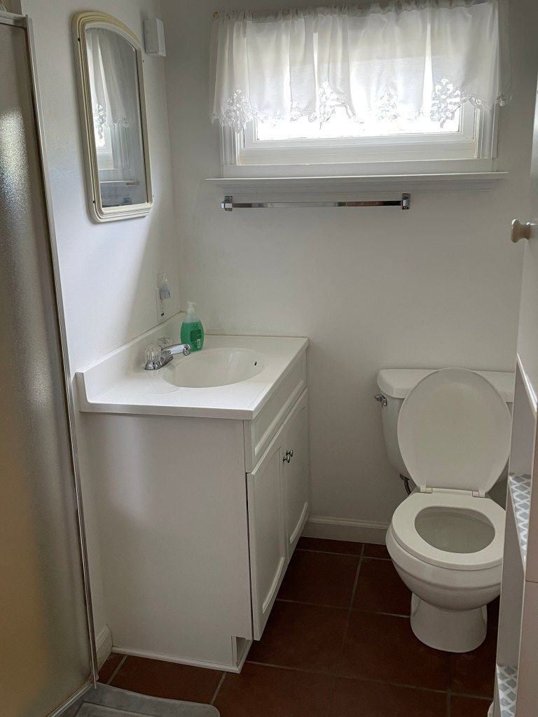 Small bathroom with toilet, sink cabinet, mirror, and frosted window, in white and brown tones