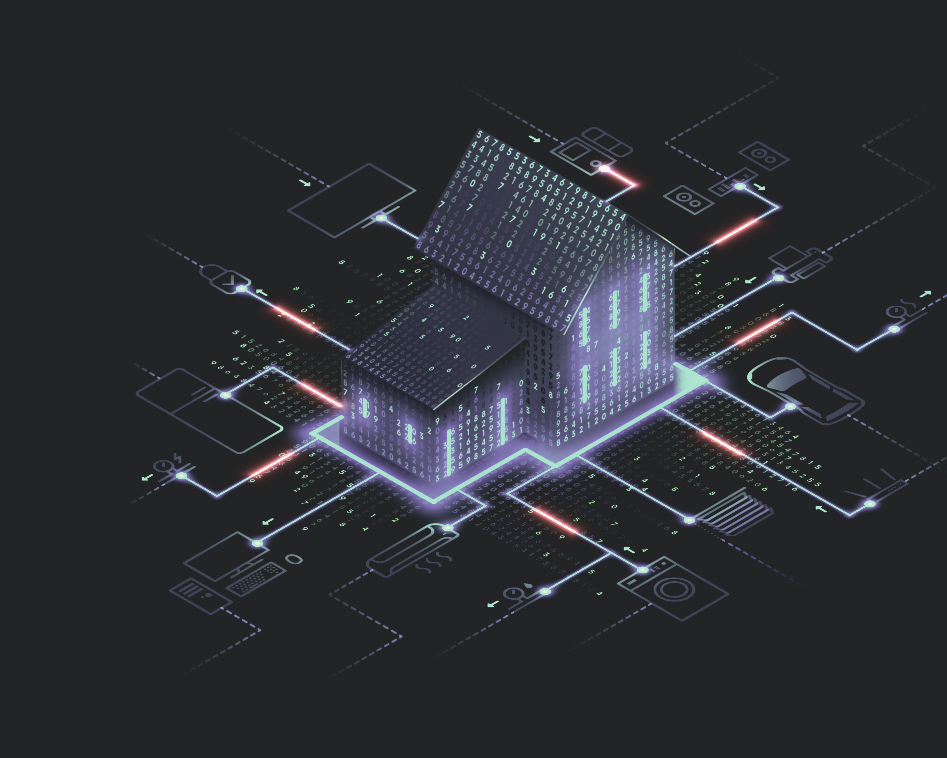 Glowing digital house with purple lights on a dark, futuristic circuit board background