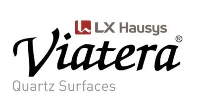 Logo for Viatera Quartz Surfaces by LX Hausys. The text is in black, with a red square logo.