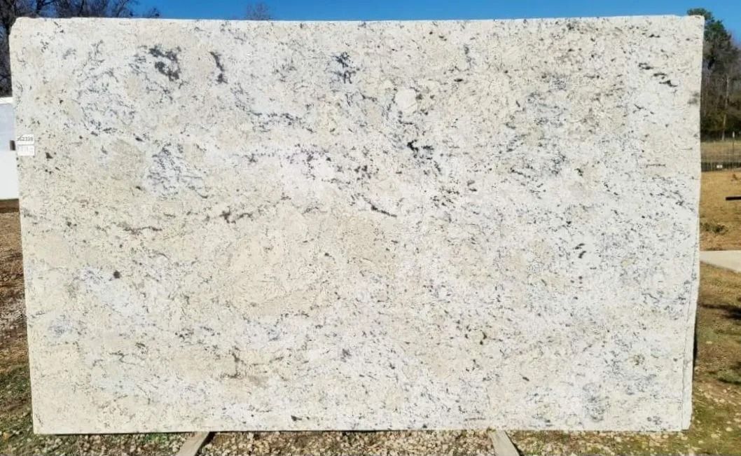 Large slab of light granite with dark veins, displayed outdoors.