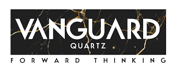Logo for Vanguard Quartz: White text on a black marble background with the tagline