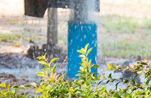 A blue pipe is being drilled into the ground and water is coming out of it.
