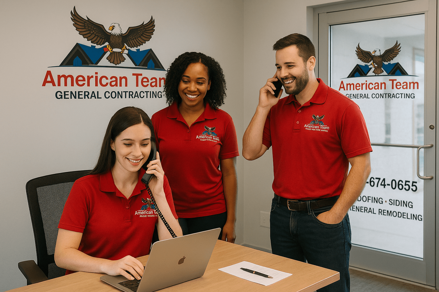 Three staff members in red polos at a desk in an American Team General Contractors office