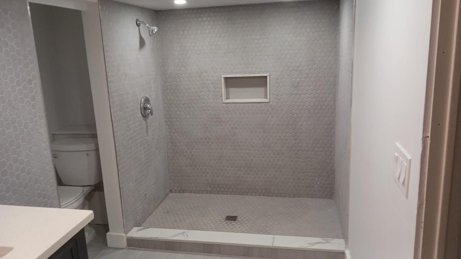 Modern tiled walk-in shower with built-in niche and adjacent toilet in a bathroom