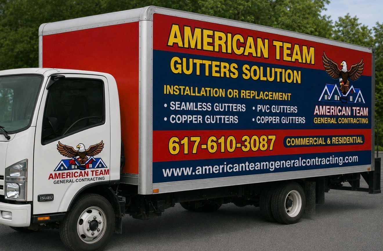 American Eagle Gutters Solutions truck with red and blue business graphics and phone number 617-610-3087