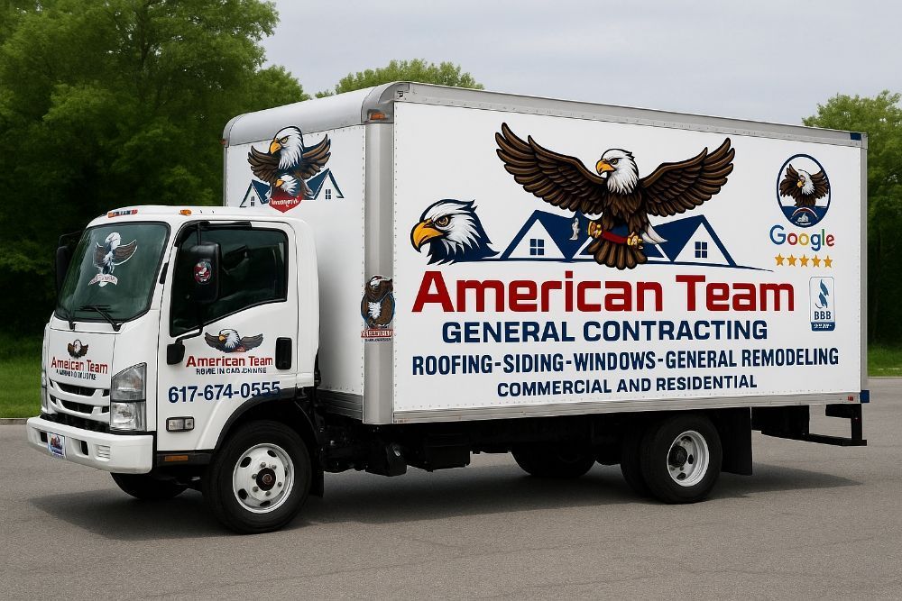 American Team General Contracting box truck with roofing, siding, windows and remodeling branding on the side
