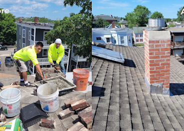 Workers repairing a roof with buckets, tools, and a chimney on a sunny residential rooftop