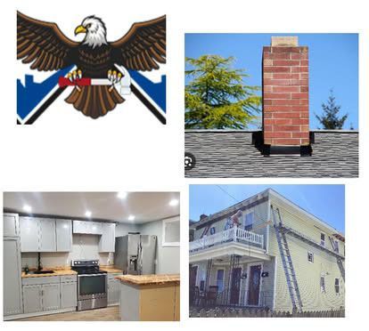 Four-panel collage: eagle emblem, brick chimney on roof, modern kitchen, and two-story house exterior