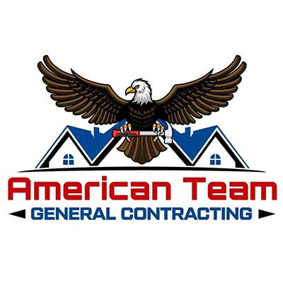 American Team General Contracting logo with eagle over house roofs in red, blue, black, and white