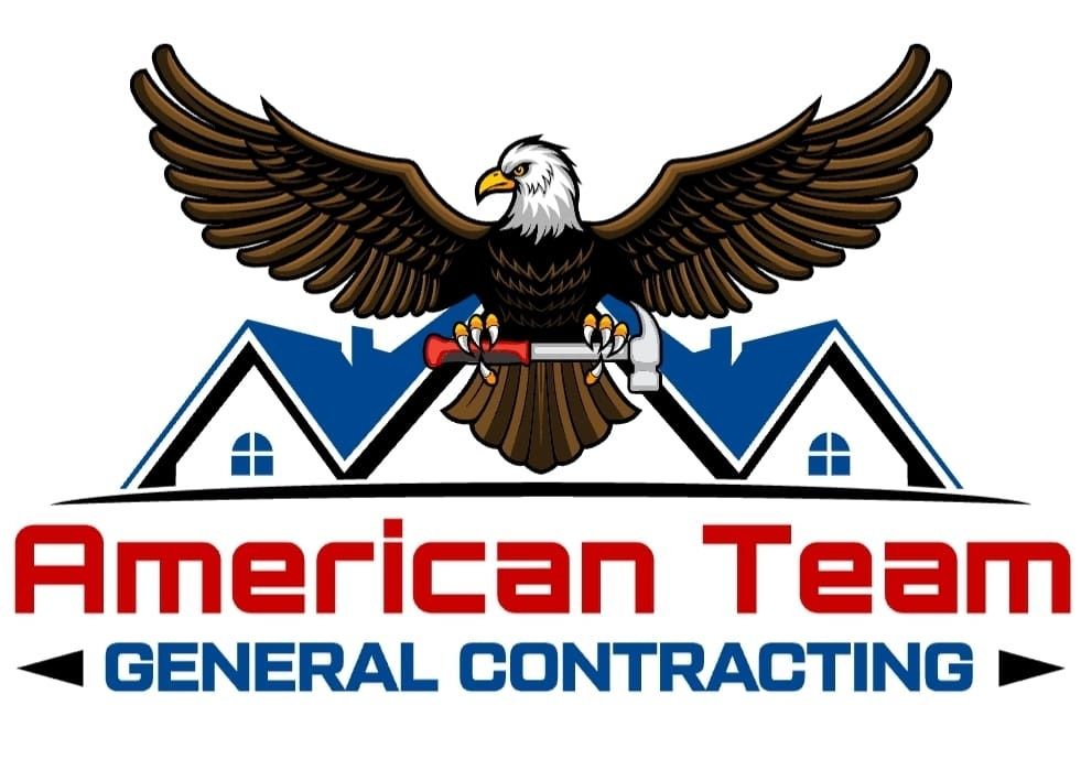 American Team General Contracting logo with eagle atop blue roof peaks