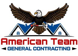 American Team General Contracting logo with eagle atop blue roof peaks
