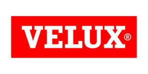 VELUX logo in white on a red rectangular background