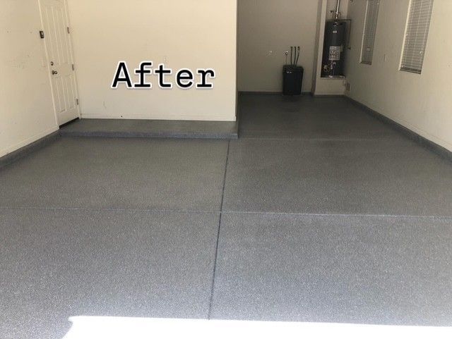 A picture of a garage floor after being painted.