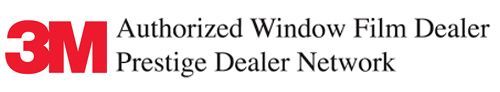 3M Authorized Window Film Dealer, Prestige Dealer Network logo. Red 