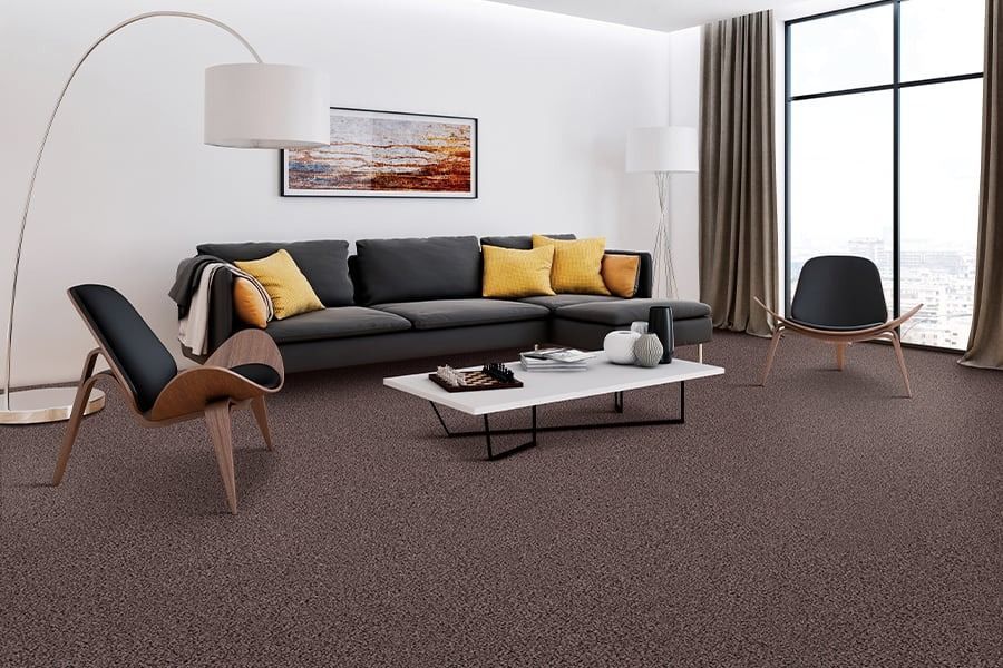 Living room with gray sofa, yellow pillows, coffee table, and dark carpet.