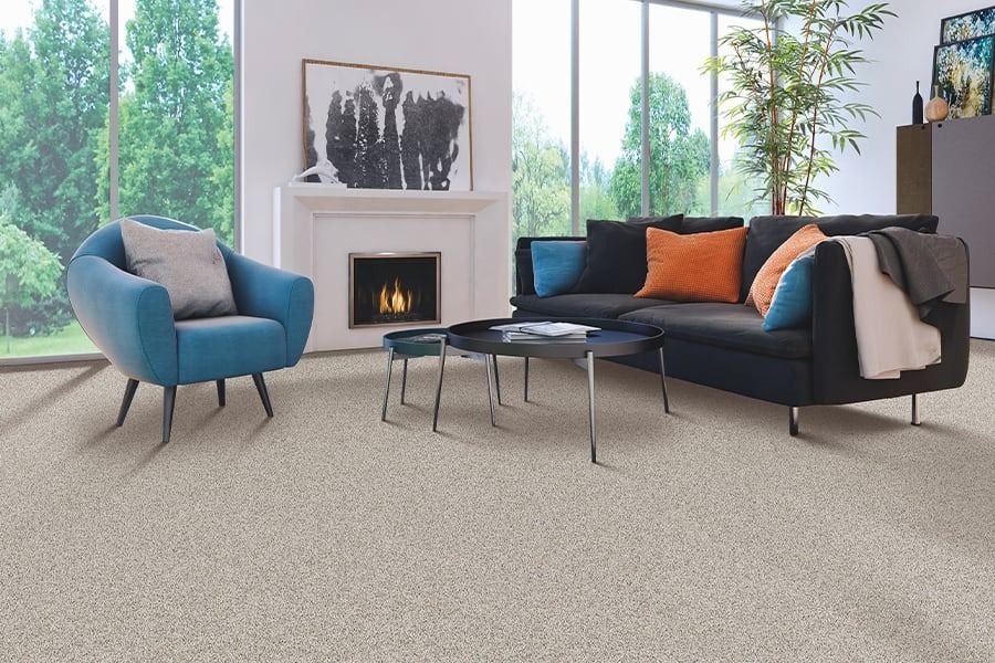 Living room with blue armchair, black sofa, fireplace, and neutral carpet.