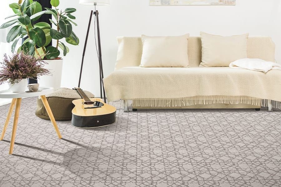Living room with beige couch, patterned carpet, guitar, and houseplant.