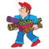 Person in overalls carrying rolled rugs.