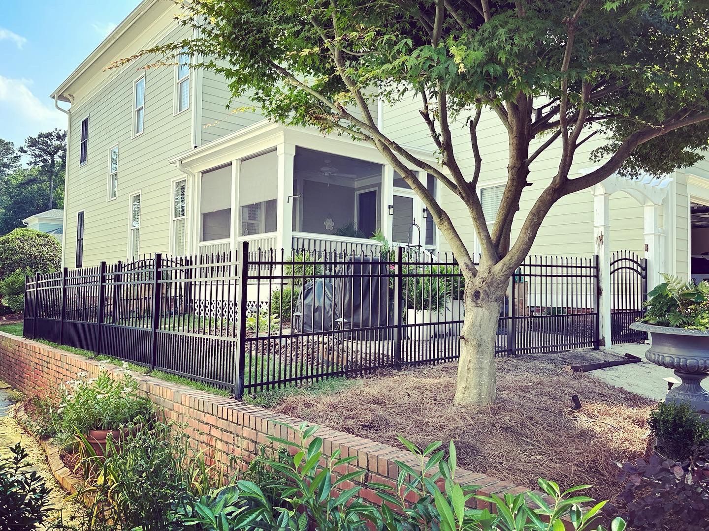 A white house with a black fence around it and a tree in front of it.